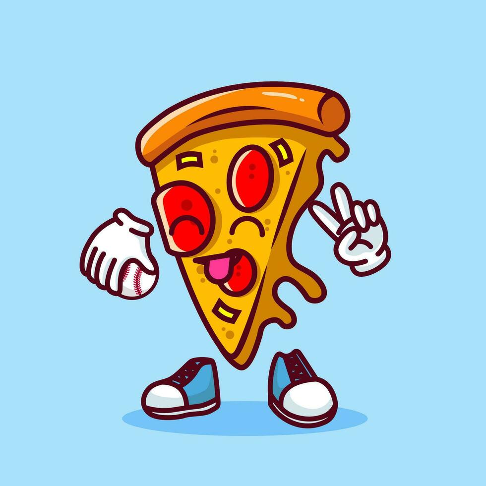 vector illustratie van kawaii pizza tekenfilm karakter met basketbal knuppel en bal. vector eps 10