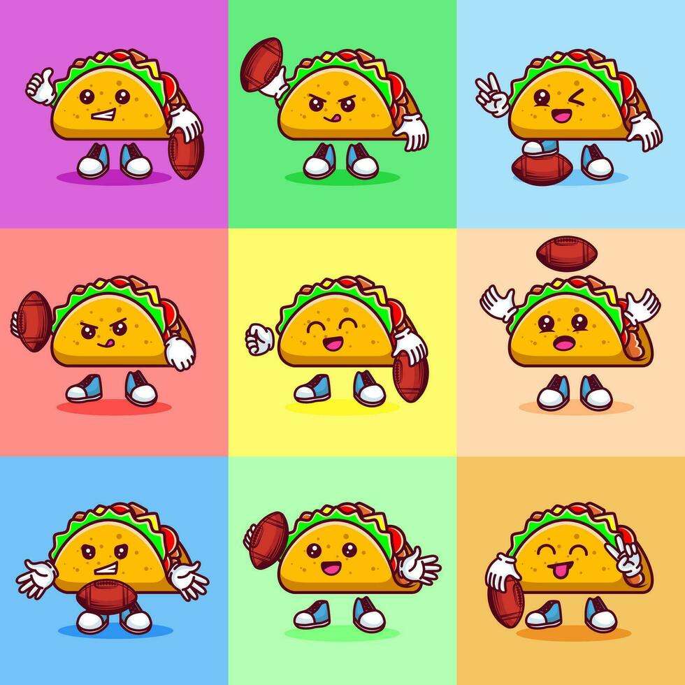 reeks van vector illustratie van kawaii taco tekenfilm karakter met Amerikaans Amerikaans voetbal bal. vector eps 10