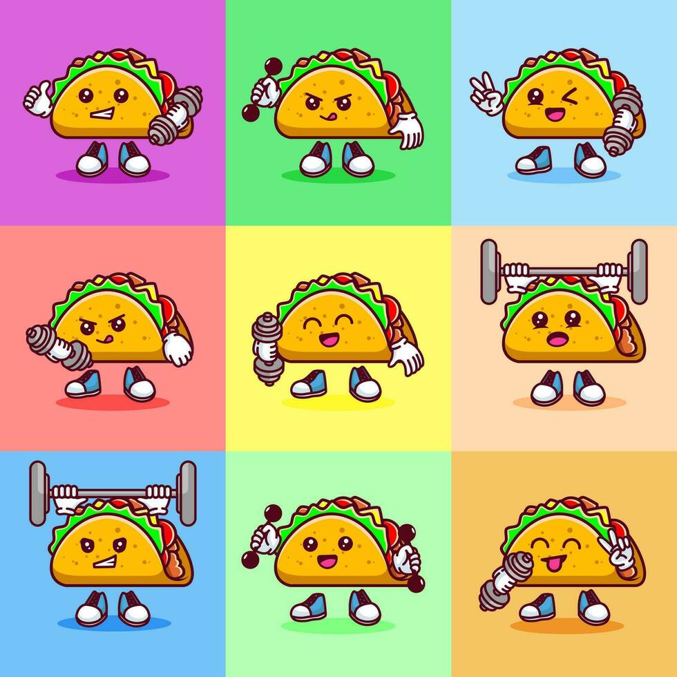 reeks van vector illustratie van kawaii taco tekenfilm karakter met halter. vector eps 10