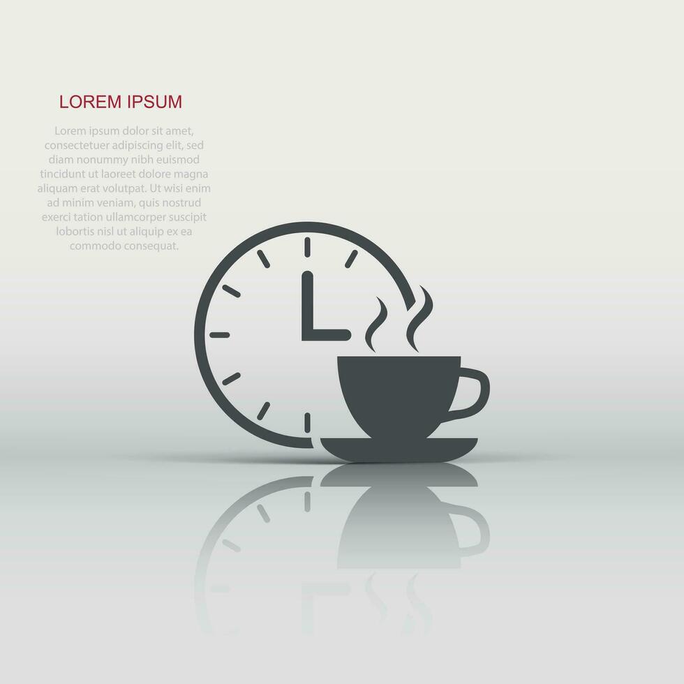 koffie breken icoon in vlak stijl. klok met thee kop vector illustratie Aan wit geïsoleerd achtergrond. ontbijt tijd bedrijf concept.