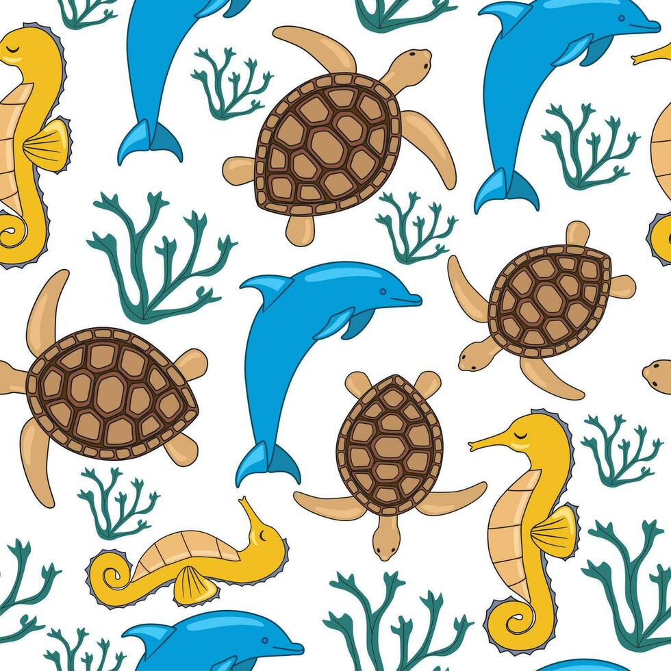 zee dieren naadloos patroon. schattig aquatisch schildpad, zeepaardje en dolfijn. vector