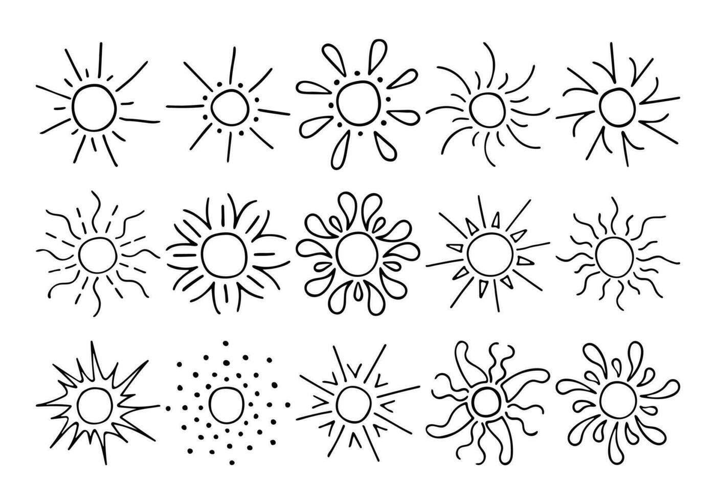 reeks contouren van de zon. vector tekening van zonnestralen. verscheidenheid van zonnestralen