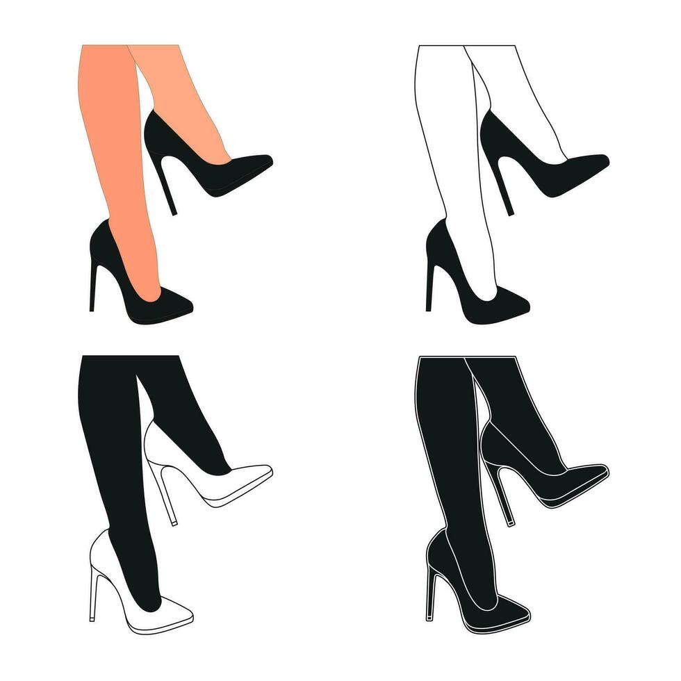 silhouet schets van vrouw poten in een houding. schoenen stiletto's, hoog hakken. wandelen, staan, rennen, springen, dans vector