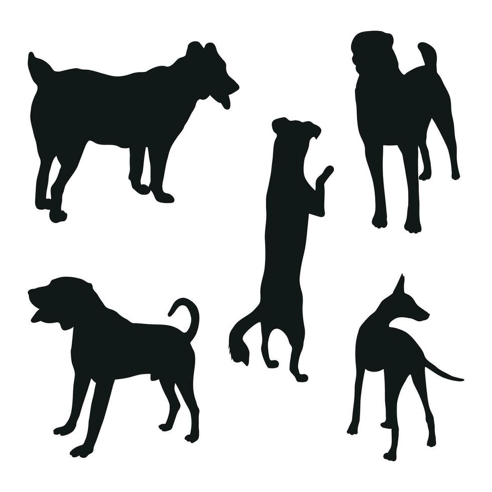 schetsen van zwart silhouetten van honden in poseert. schets van huisdieren Gaan, staan, rennen, springen, opleiding, wandelen, bewaken, poseren, Speel, tonen vector