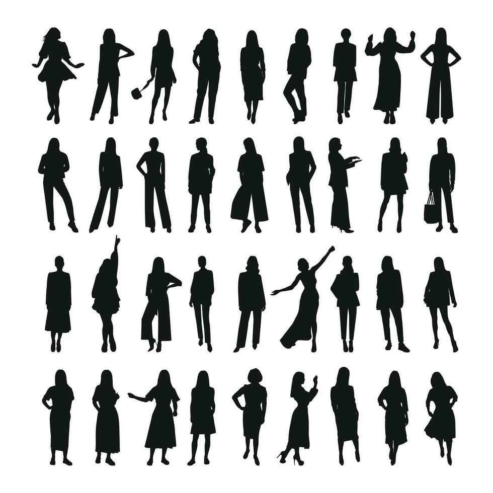 vector vrouwelijk silhouetten van vrouw, Dames, vrouw, meisje, deerntje, dames, meisjes. bedrijf Dames, ondernemer, leidinggevend, fashionista, docent, publiek, studenten, vriendinnetjes