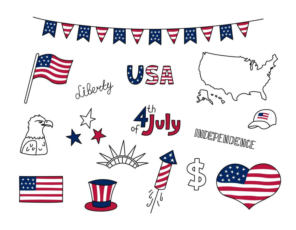 Verenigde Staten van Amerika doodles set. Verenigde staten van Amerika vector ontwerp elementen geïsoleerd Aan wit achtergrond. verzameling van ons nationaal symbolen. onafhankelijkheid dag. Amerikaans vlag, vrijheid standbeeld, juli 4, adelaar