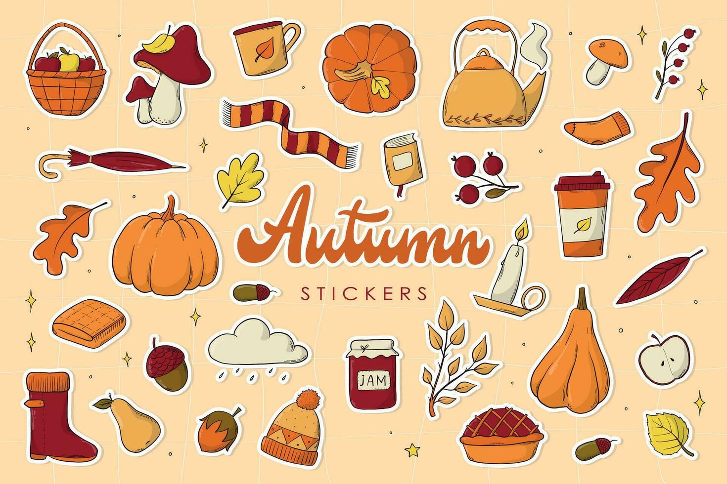 reeks van herfst stickers, klem kunst, krabbels, tekenfilm elementen voor afdrukken, sublimatie, scrapbooken, planners, kaarten, affiches, huis decor. eps 10 vector