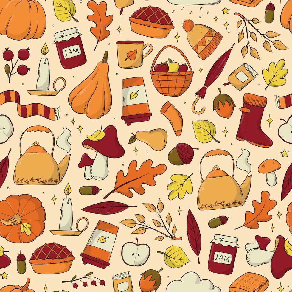 herfst naadloos patroon met doodles voor behang, achtergronden, afdrukken, textiel, scrapbooken, verpakking, omhulsel papier, enz. eps 10 vector