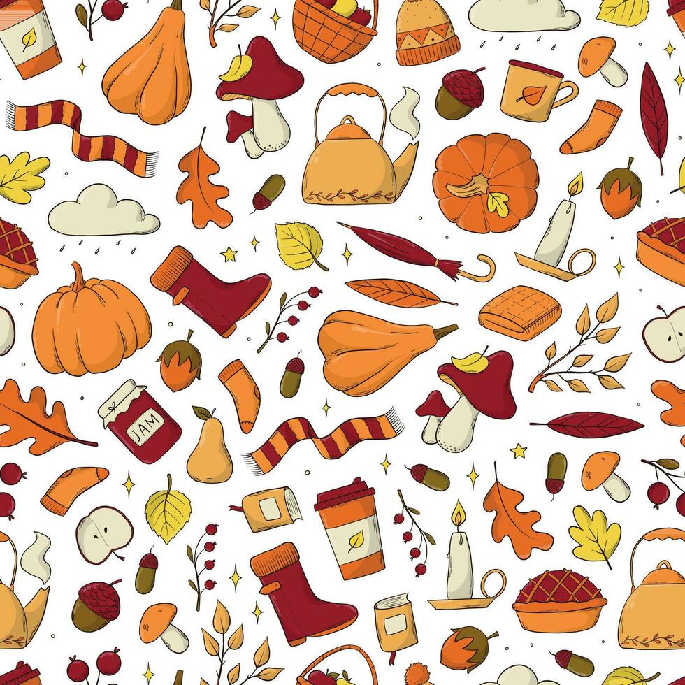 herfst en dankzegging naadloos patroon met geschetst kleurrijk doodles voor behang, textiel afdrukken, vakantie decor, omhulsel papier, handdoeken, scrapbooken, achtergronden, enz. eps 10 vector