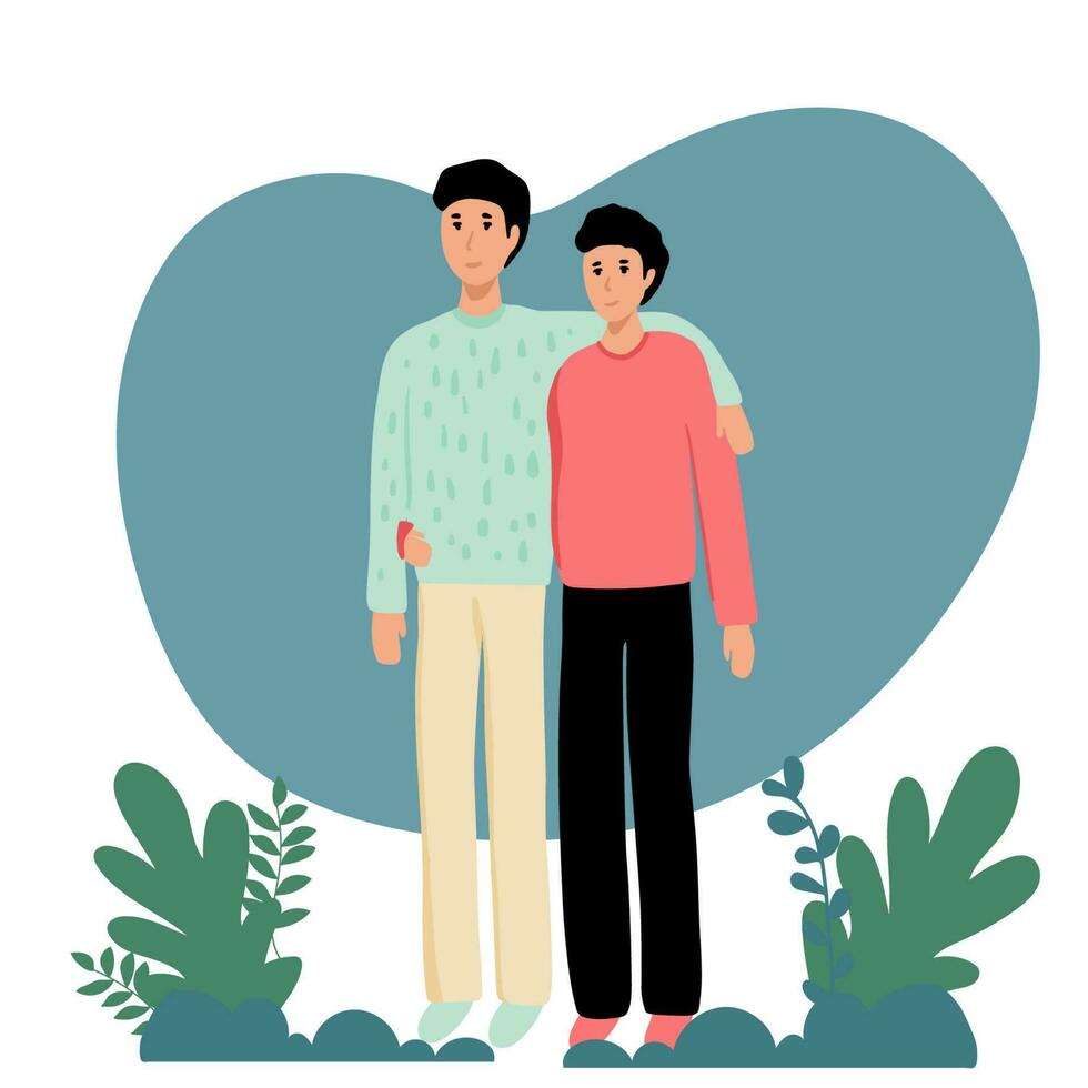 homoseksueel paar. vector illustratie van twee jong mannen omhelzing elk ander. homo paar in liefde op zoek Aan elk ander. homo paar in liefde. geïsoleerd Aan wit achtergrond