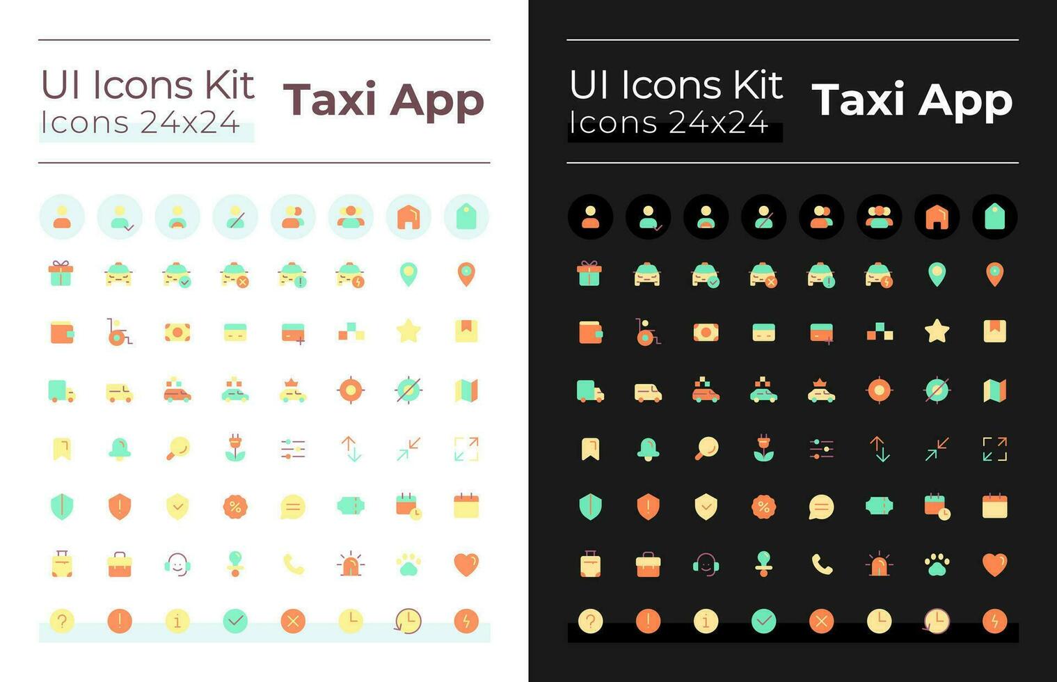 taxi onderhoud vlak kleur ui pictogrammen reeks voor donker, licht modus. bestellen auto online. stedelijk vervoer. gui, ux ontwerp voor mobiel app. vector geïsoleerd rgb pictogrammen