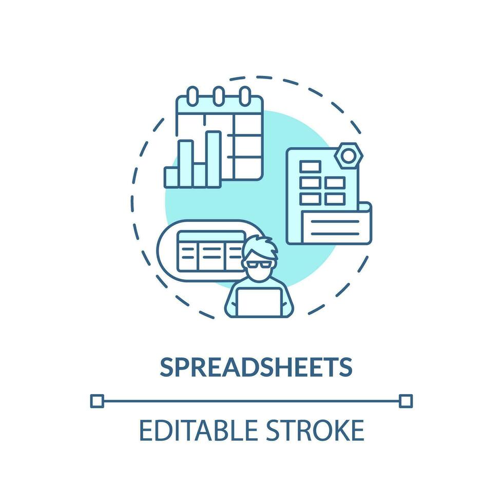 spreadsheets turkoois concept icoon. project beheer. bedrijf software. redactioneel kalender. bijhouden gegevens abstract idee dun lijn illustratie. geïsoleerd schets tekening. bewerkbare beroerte vector