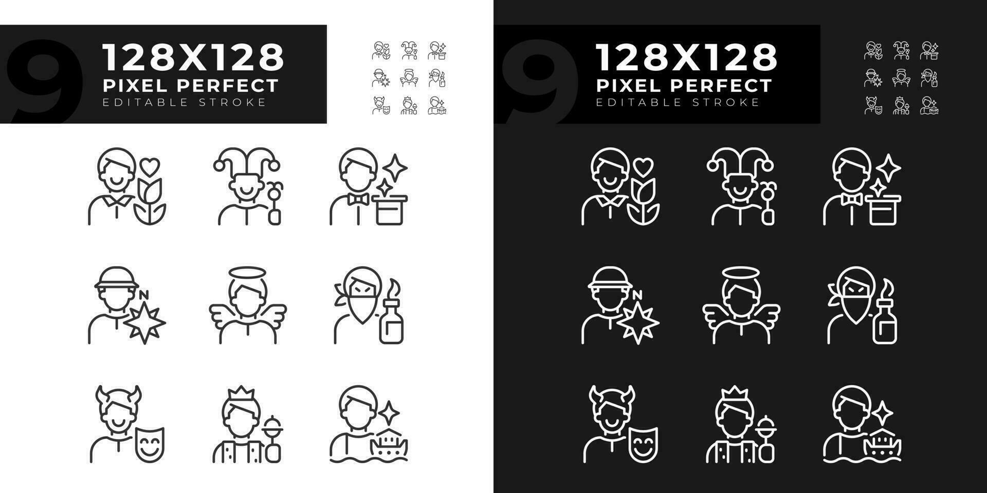 persoonlijkheden pixel perfect lineair pictogrammen reeks voor donker, licht modus. psychoanalytisch theorie. archetypen. psychologie. dun lijn symbolen voor nacht, dag thema. geïsoleerd illustraties. bewerkbare beroerte vector