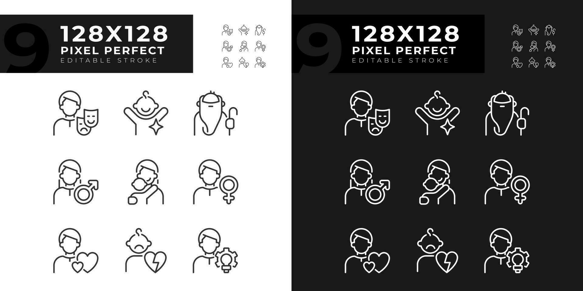 persoonlijk kenmerken pixel perfect lineair pictogrammen reeks voor donker, licht modus. anima en woedend. kind, wees. dun lijn symbolen voor nacht, dag thema. geïsoleerd illustraties. bewerkbare beroerte vector