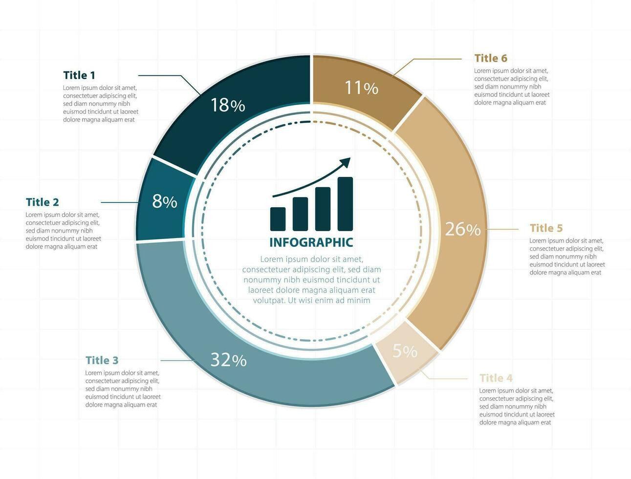 percentage bedrijf infographic sjabloon, zes stappen werk werkwijze cirkel, reclame taart tabel diagram presentatie vector