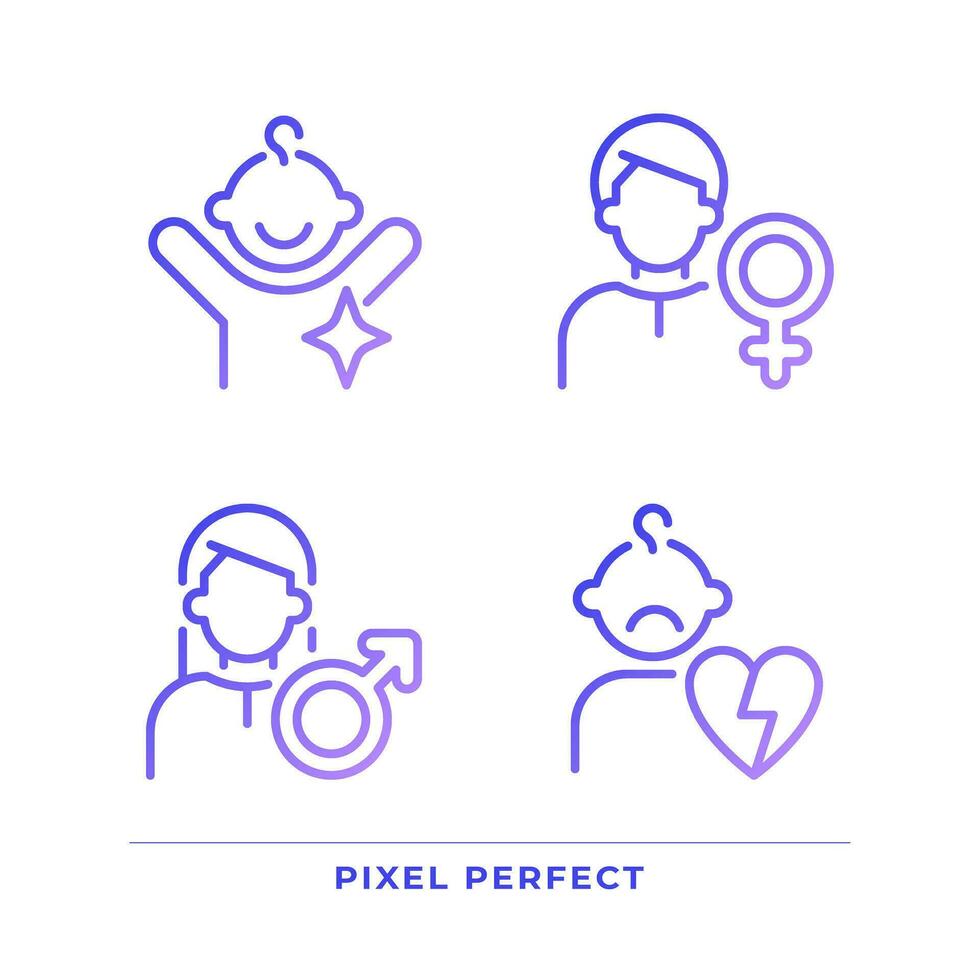 mensen pixel perfect helling lineair vector pictogrammen set. karakter archetypen. anima en woedend. familie leden. dun lijn contour symbool ontwerpen bundel. geïsoleerd schets illustraties verzameling