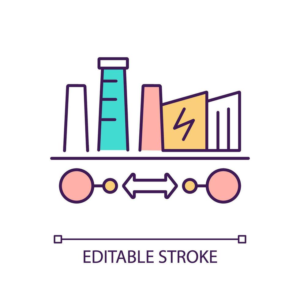 fabriek grootte rgb kleur icoon. compact fabriek. macht station ruimte. elektriciteit generatie. industrie uitbreiding. geïsoleerd vector illustratie. gemakkelijk gevulde lijn tekening. bewerkbare beroerte
