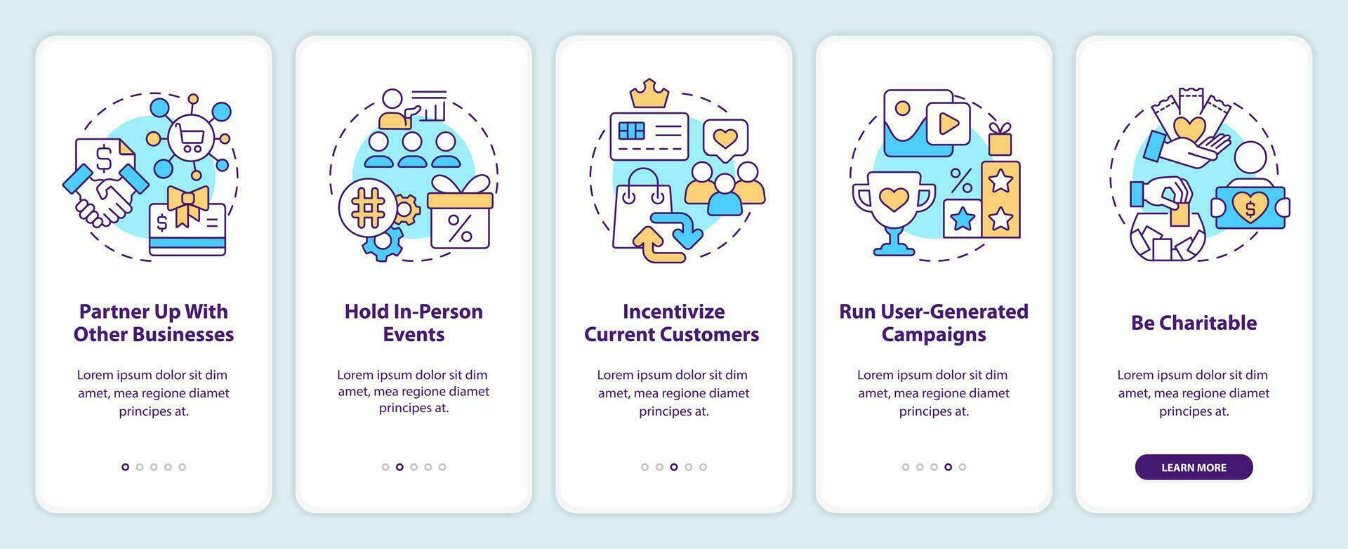 aantrekken meer klanten naar bedrijf tips onboarding mobiel app scherm. walkthrough 5 stappen bewerkbare grafisch instructies met lineair concepten. ui, ux, gui sjabloon vector