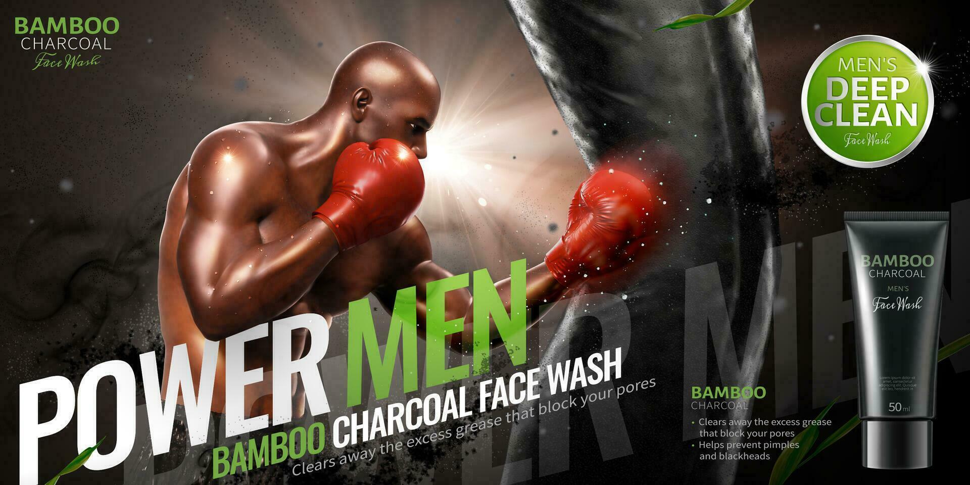 bamboe houtskool gezicht wassen advertenties met sterk bokser het werpen haak in 3d illustratie vector