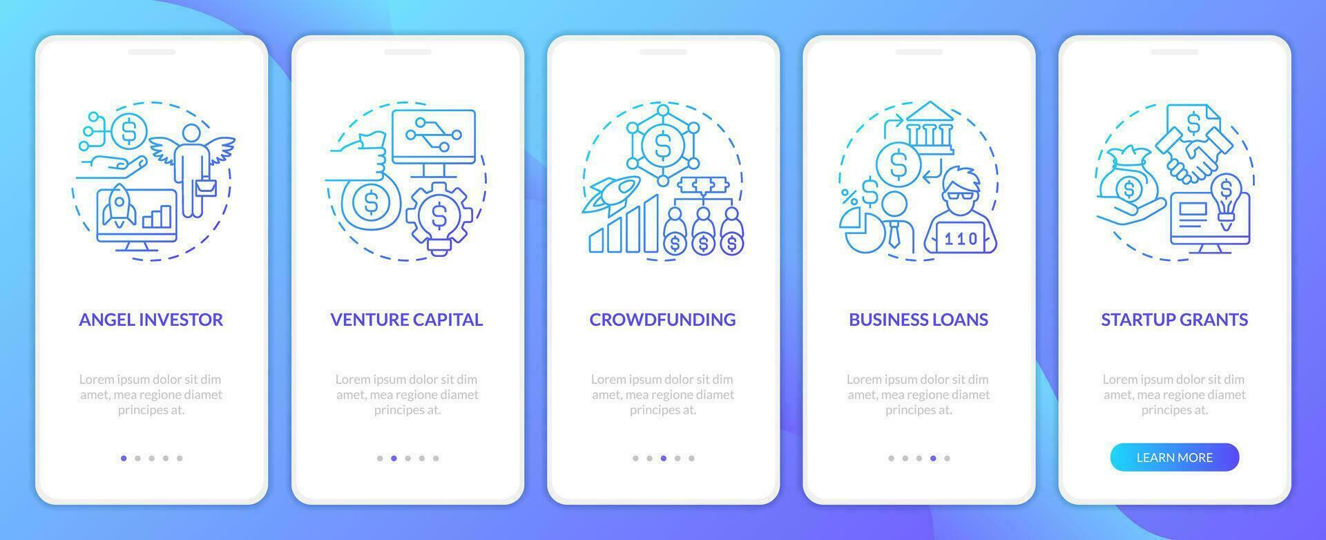 tech opstarten financiering opties blauw helling onboarding mobiel app scherm. het walkthrough 5 stappen grafisch instructies met lineair concepten. ui, ux, gui sjabloon vector