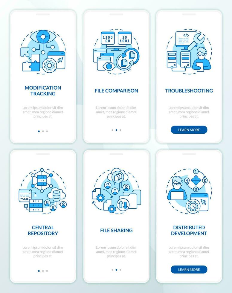 bronnen controle voordelen blauw onboarding mobiel app schermen set. walkthrough 3 stappen bewerkbare grafisch instructies met lineair concepten. ui, ux, gui sjabloon vector