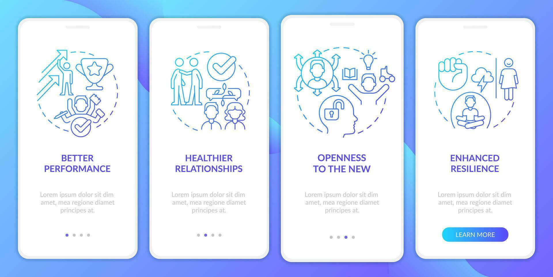 voordelen van vertrouwen blauw helling onboarding mobiel app scherm. positiviteit walkthrough 4 stappen grafisch instructies met lineair concepten. ui, ux, gui sjabloon vector