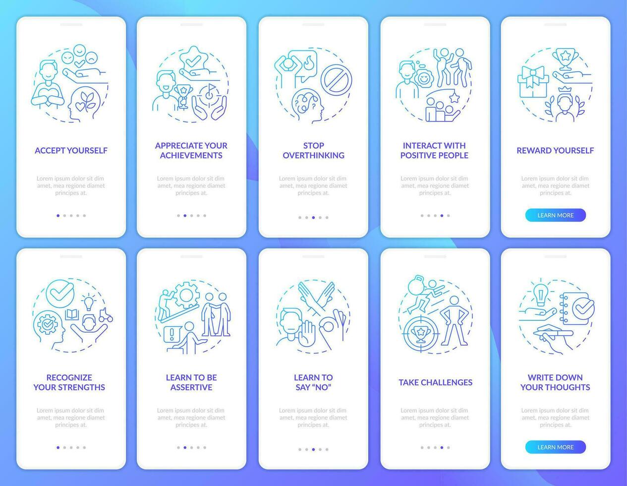 overwinnen gebrek van vertrouwen blauw helling onboarding mobiel app scherm set. walkthrough 5 stappen grafisch instructies met lineair concepten. ui, ux, gui sjabloon vector