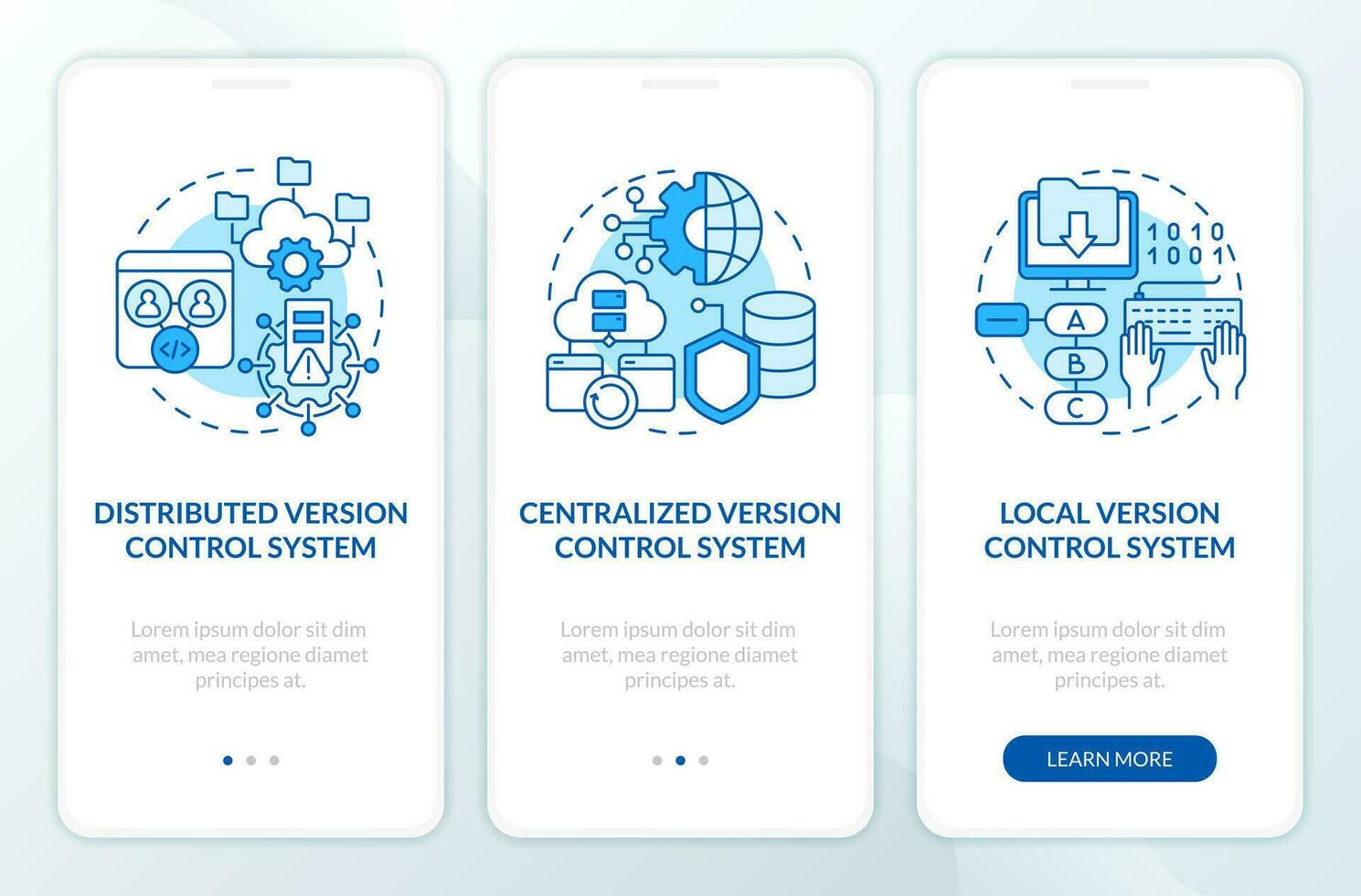 versie controle systemen types blauw onboarding mobiel app scherm. walkthrough 3 stappen bewerkbare grafisch instructies met lineair concepten. ui, ux, gui sjabloon vector