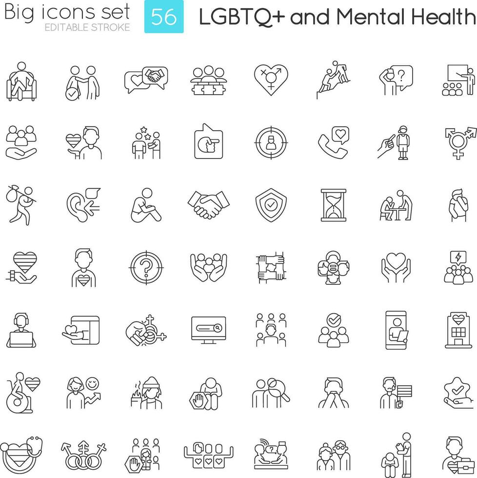 lgbtq en mentaal Gezondheid lineair pictogrammen set. inclusie en ondersteuning programma's. vrijheid naar worden jezelf. aanpasbare dun lijn symbolen. geïsoleerd vector schets illustraties. bewerkbare beroerte