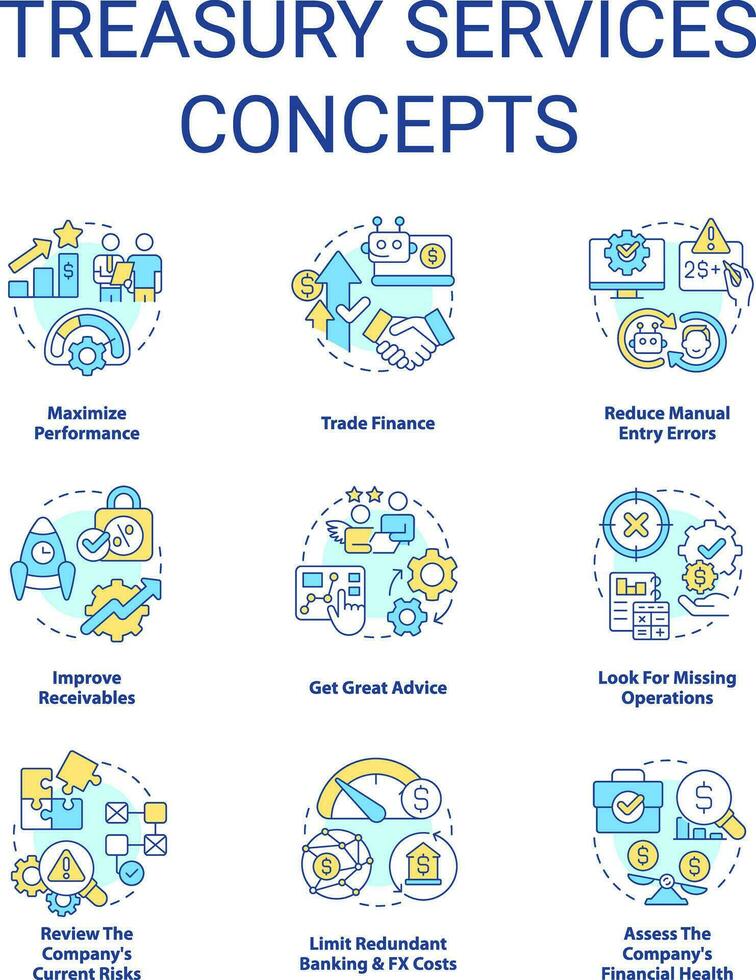 schatkist Diensten concept pictogrammen set. bedrijf prestatie. financiën beheer idee dun lijn kleur illustraties. geïsoleerd symbolen. bewerkbare beroerte vector