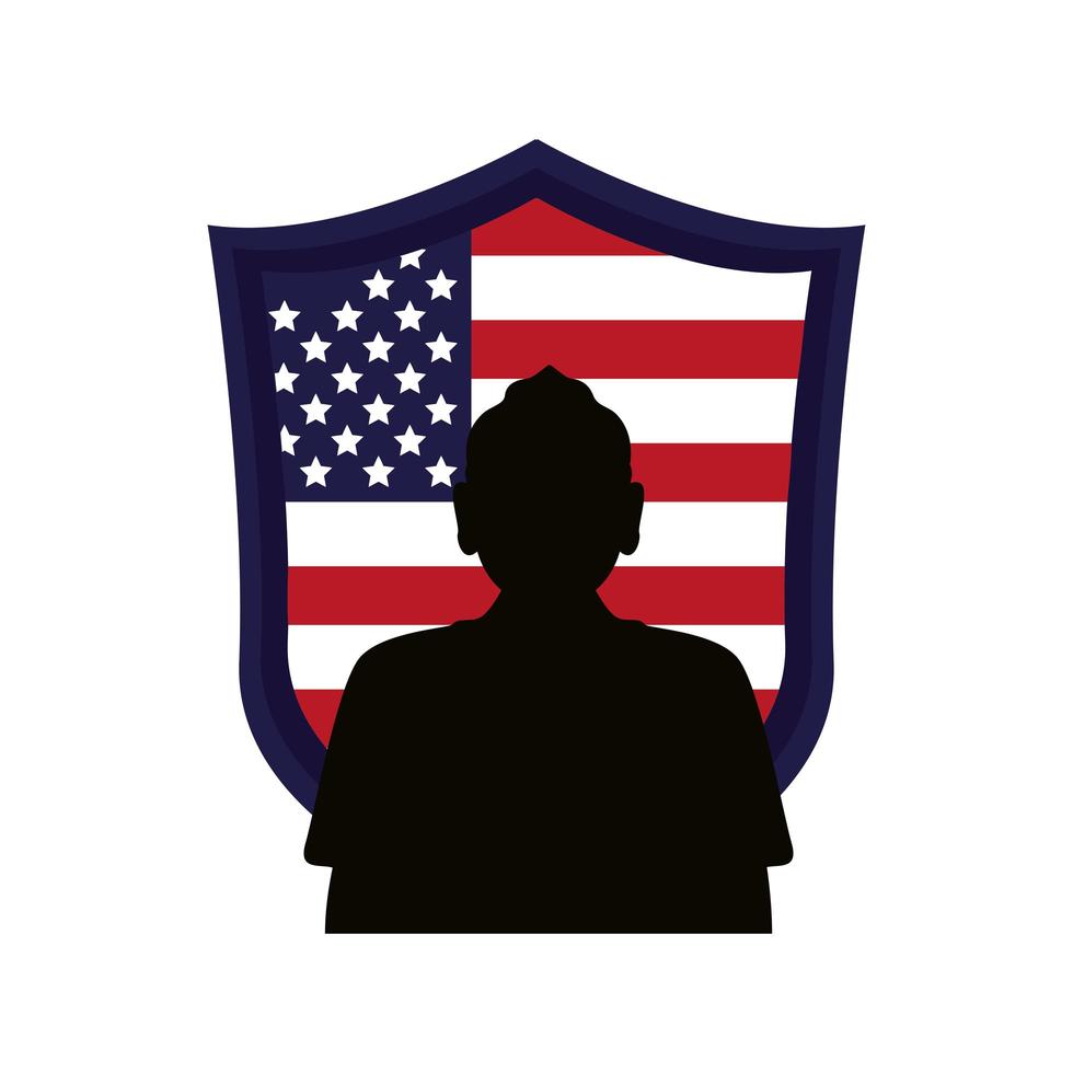 soldaat silhouet figuur met usa vlag in schild vector