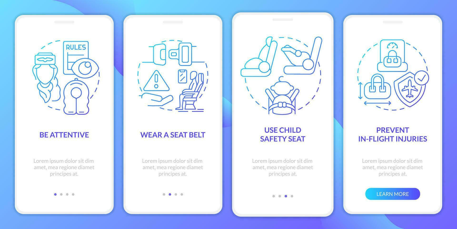 vlucht veiligheid procedures blauw helling onboarding mobiel app scherm. walkthrough 4 stappen grafisch instructies met lineair concepten. ui, ux, gui sjabloon vector
