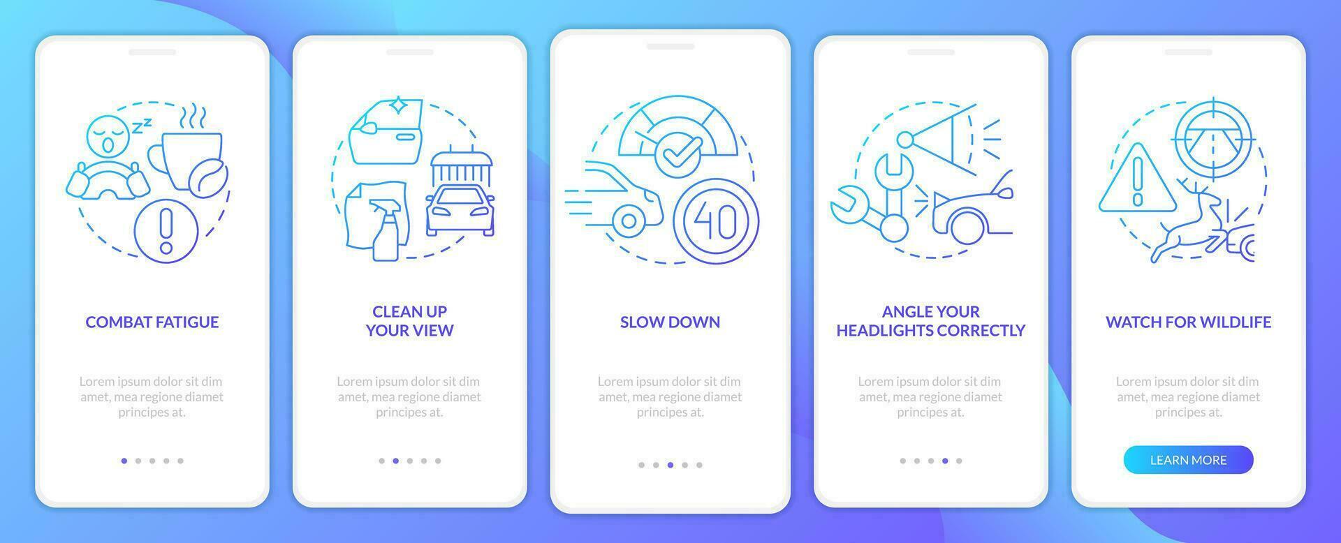 het rijden veiligheid Bij nacht blauw helling onboarding mobiel app scherm. walkthrough 5 stappen grafisch instructies met lineair concepten. ui, ux, gui sjabloon vector