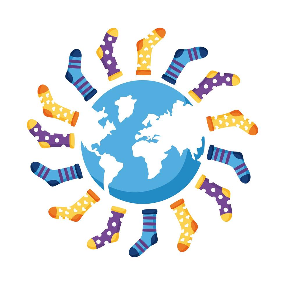 Downsyndroom sokken over de hele wereld platte stijlicoon vector