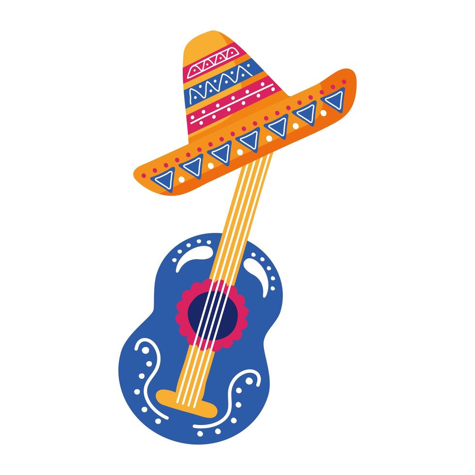 gitaar met traditionele Mexicaanse hoed platte stijlicoon vector