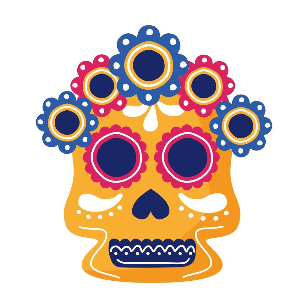 traditionele Mexicaanse schedel hoofd met bloemen platte stijlicoon vector