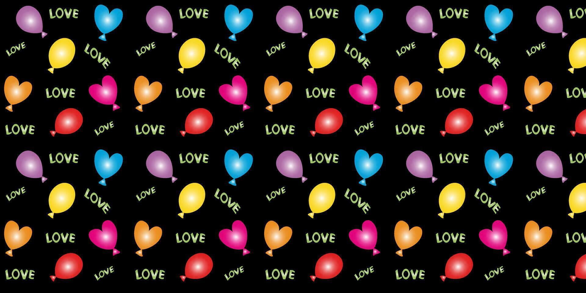 naadloos vector patroon. helder ballonnen Aan een zwart achtergrond, tekst liefde, feestelijk romantisch. eps10 vector.