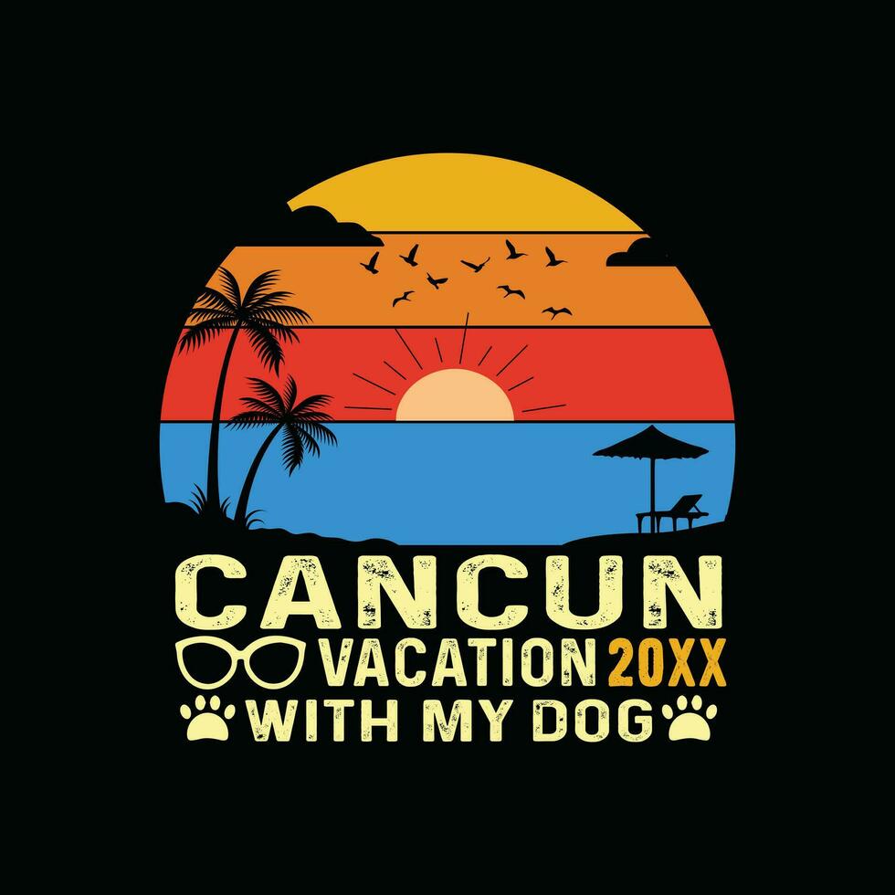 Cancun strand retro t-shirt, Mexico strand wijnoogst retro zonsondergang t-shirt ontwerp, familie strand vakantie, vakantie zomer vakantie shirt, Jaren 70 kleurrijk retro shirt, zomertijd herinneringen samen overhemd vector