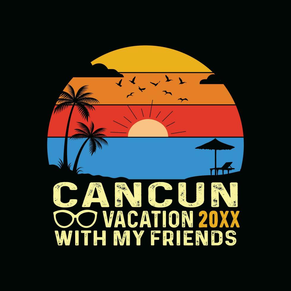 Cancun strand retro t-shirt, Mexico strand wijnoogst retro zonsondergang t-shirt ontwerp, familie strand vakantie, vakantie zomer vakantie shirt, Jaren 70 kleurrijk retro shirt, zomertijd herinneringen samen overhemd vector