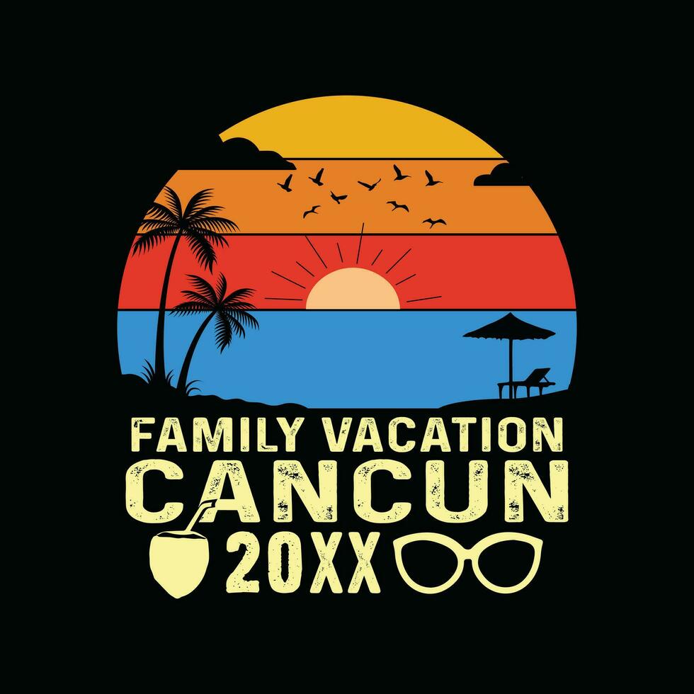 Cancun strand retro t-shirt, Mexico strand wijnoogst retro zonsondergang t-shirt ontwerp, familie strand vakantie, vakantie zomer vakantie shirt, Jaren 70 kleurrijk retro shirt, zomertijd herinneringen samen overhemd vector