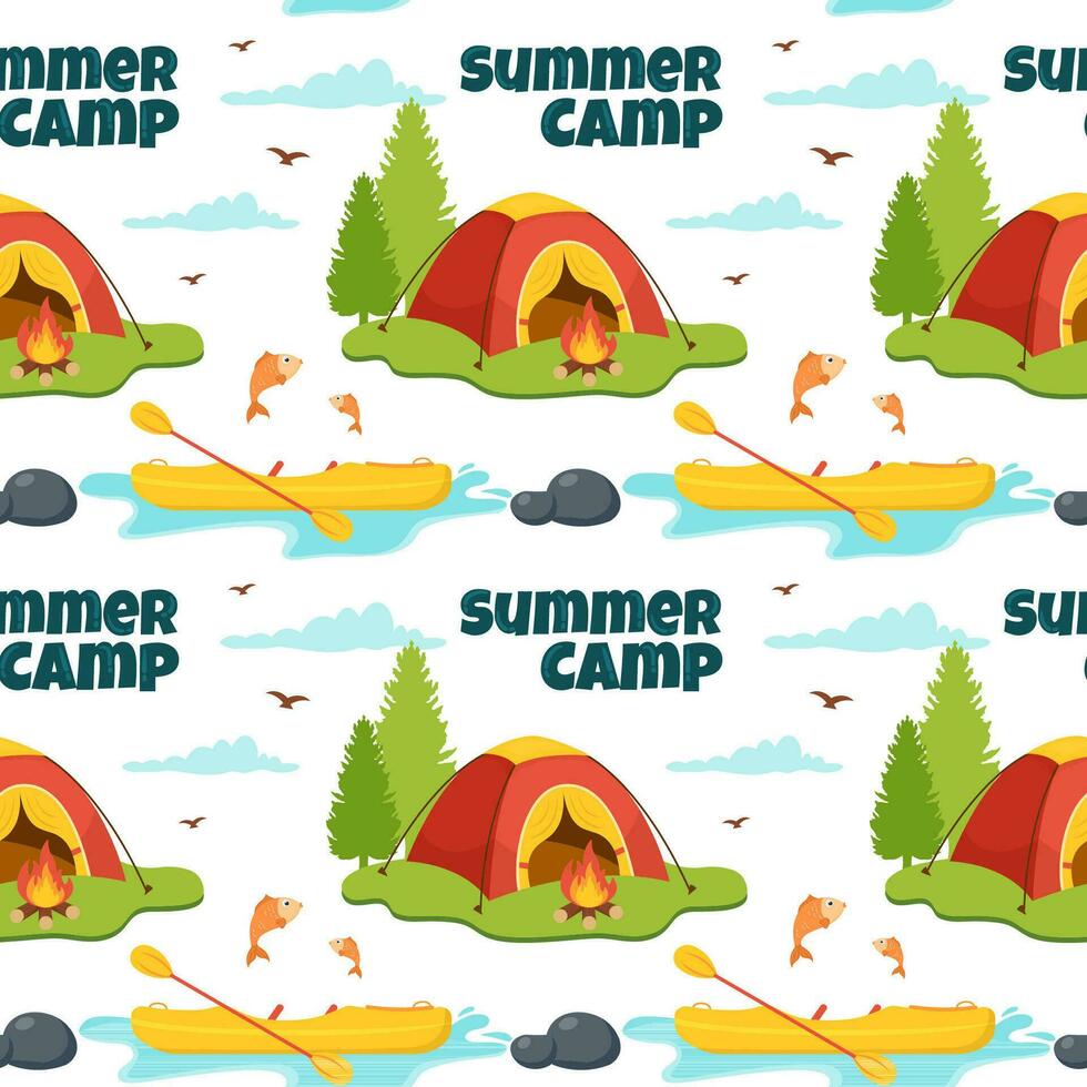 zomer kamp naadloos patroon ontwerp van camping en op reis element in sjabloon hand- getrokken tekenfilm vlak illustratie vector