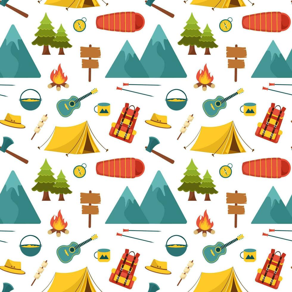 zomer kamp naadloos patroon ontwerp van camping en op reis element in sjabloon hand- getrokken tekenfilm vlak illustratie vector