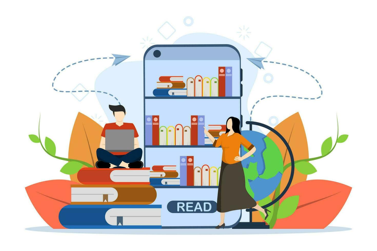 online bibliotheek concept, tonen mensen interactie met digitaal boeken, lezing boeken online, e-book concept. lezen digitaal boeken. apparaat gebruik voor lezing. vlak vector illustratie Aan wit achtergrond.