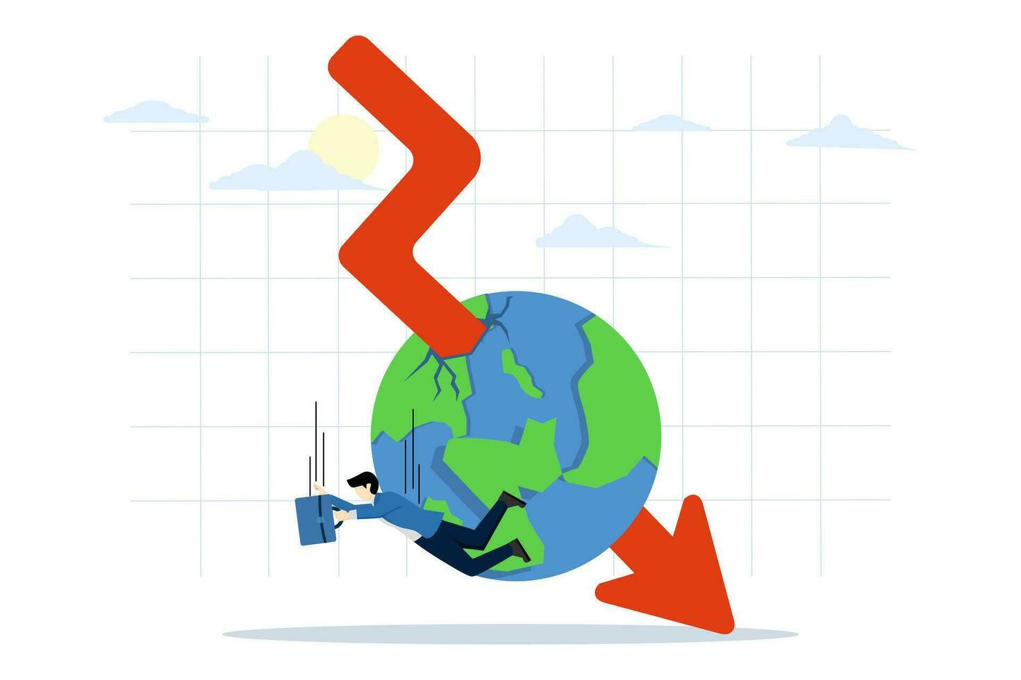 globaal recessie of economisch vertragen. globaal financieel crisis. effect van inflatie. inflatie Aan globaal markten. de voorraad markt is vluchtig. zakenman vallend naar beneden pijl diagram vallen. vector