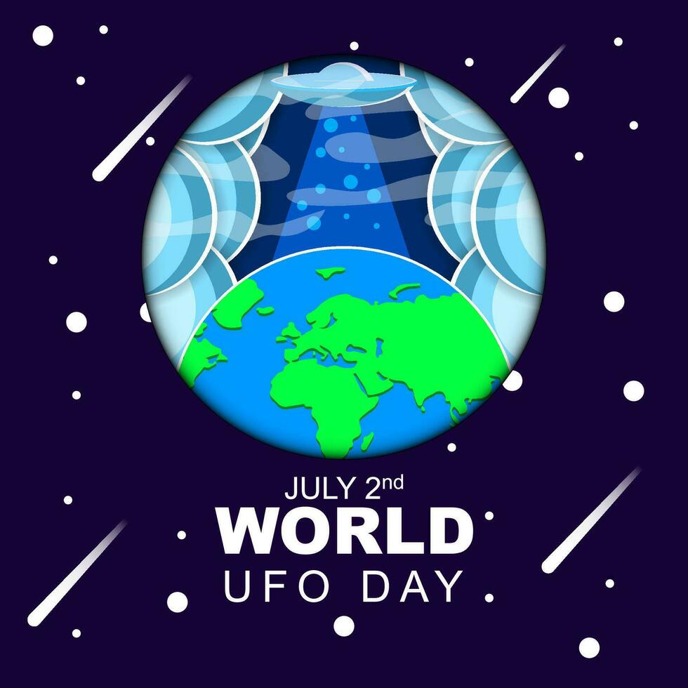 wereld ufo dag 2 juli, poster groet kaart illustratie ontwerp met ufo en aarde in heelal nacht papier besnoeiing stijl vector