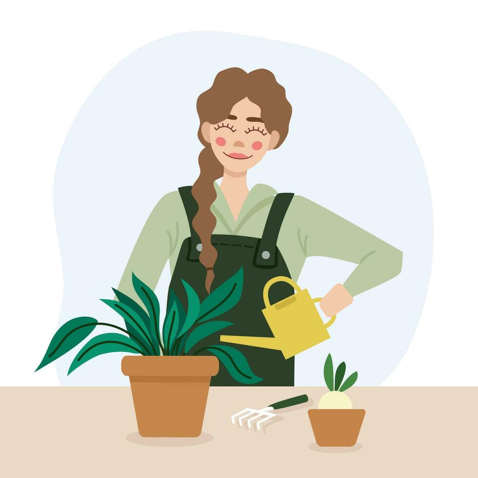 meisje tuinman gieter planten in een pot in een vlak stijl. tuinieren. hobby. tuinieren hulpmiddelen. vector illustratie