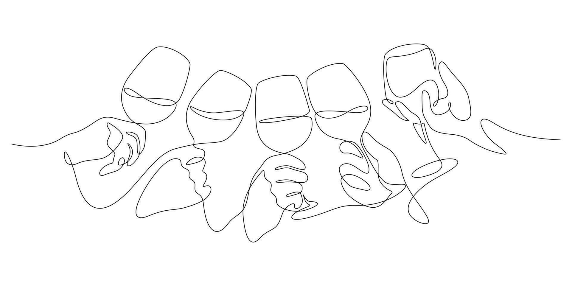 wijn gerinkel feestelijk geroosterd brood concept handen Holding en wijn bril in een lijn tekening vector
