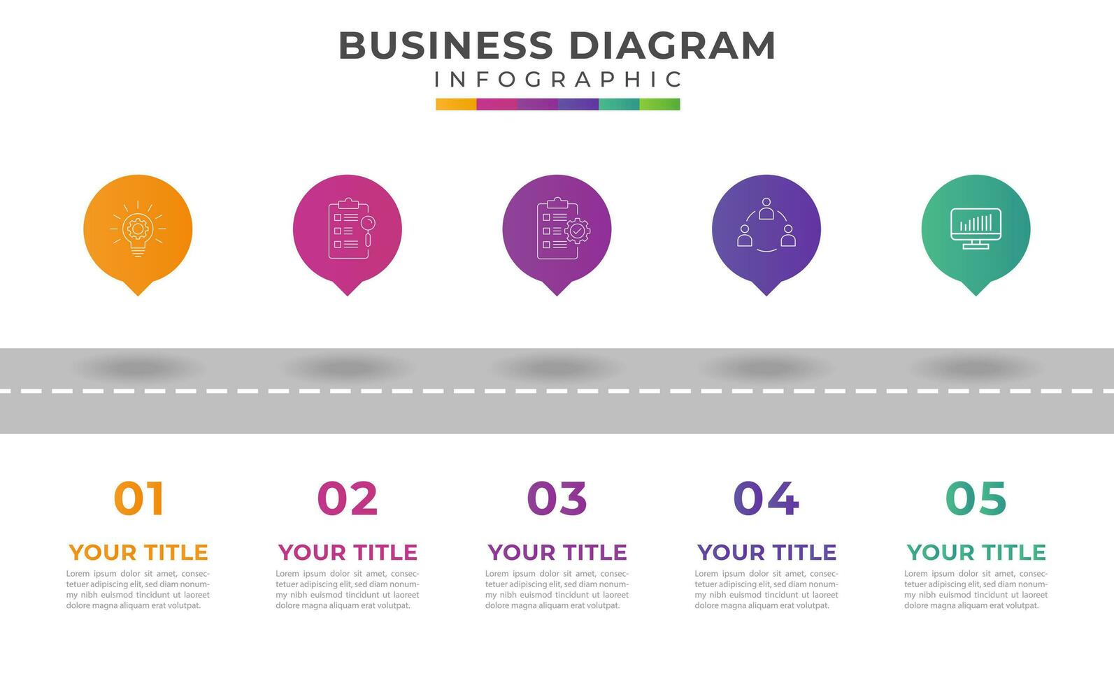 5 stappen modern tijdlijn diagram met weg tekens en bedrijf pictogrammen, presentatie vector infographics. infographic sjabloon voor bedrijf.