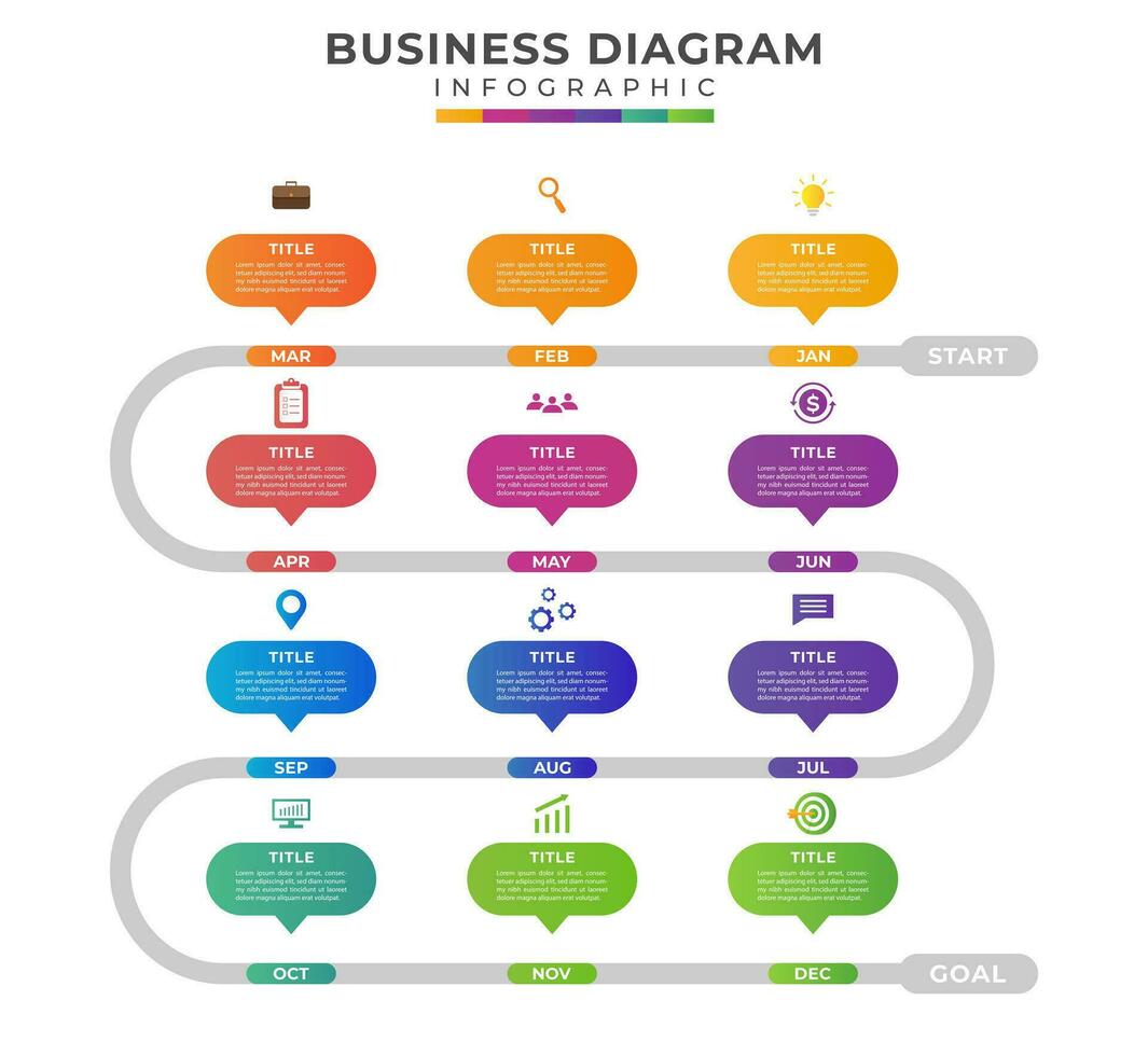 12 maanden modern tijdlijn diagram, presentatie vector infographic sjabloon voor bedrijf.