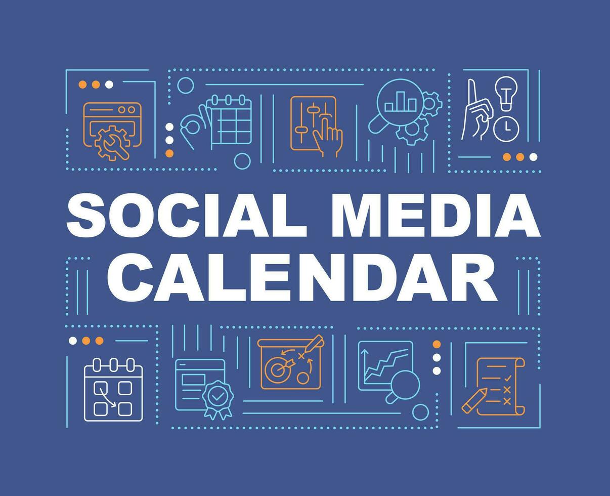 sociaal media kalender woord concepten donker blauw spandoek. inhoud strategie. infographics met bewerkbare pictogrammen Aan kleur achtergrond. geïsoleerd typografie. vector illustratie met gesmst